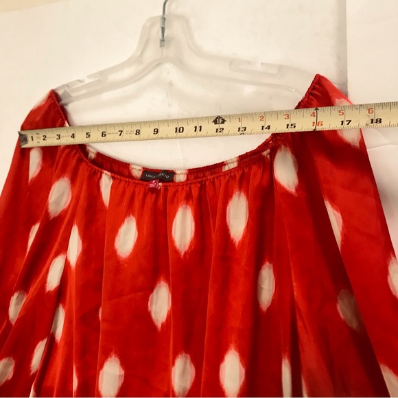 Vince Camuto Balloon Sleeve Silky Loose Drapey Top Blouse Off Shoulder Crew Dots - Picture 13 of 14